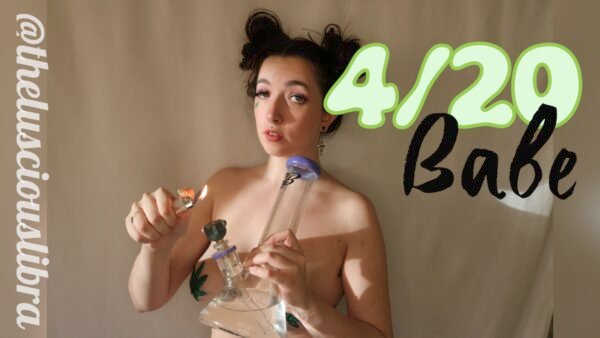 Busty brunette in pot leaf pasties lighting a purple bong title "4/20 Babe"