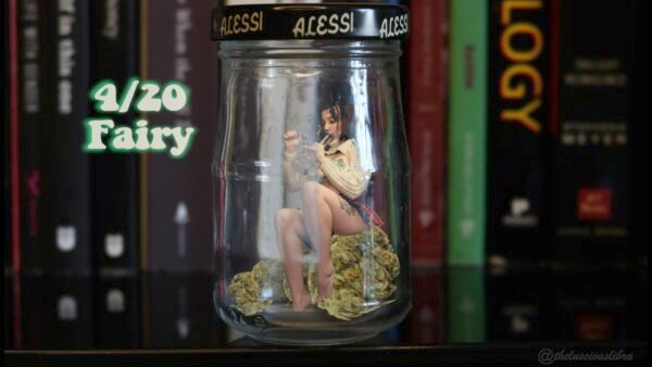 Fairy in a weed jar smoking a bowl, title "4/20 Fairy"