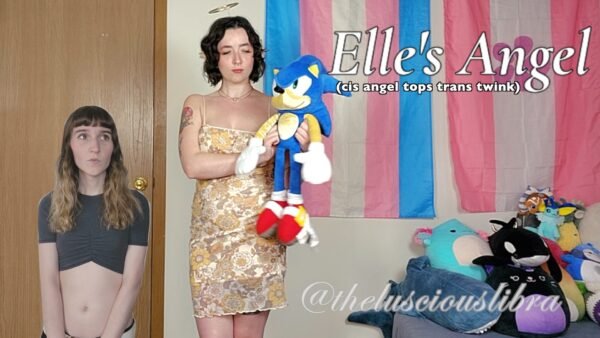 Bodacious brunette angel dressed in a brown floral mini dress holding up a sonic the hedgehog plushie, a small blonde twink in the corner wearing a dark grey cropped t-shirt. Text reads "Elle's Angel (cis angel tops trans twink)