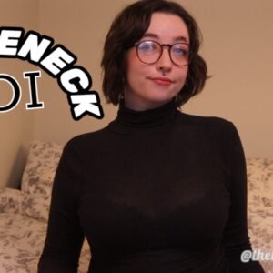 Bodacious bespectacled brunette wearing a black Turtleneck shirt. Black and white letters read "Turtleneck JOI"